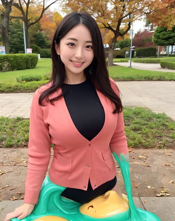 knitted sweater jacket，（Big boobs：1.2），cleveage，穿Black underwear，black slime shapeshifter，looking at the audience，Smile， Black underwear、cleveage，Long hair ,Pretty Face，cute appearance，confident girl,Slime with melted lower body,In the park，There are many maple leaves，autumn，