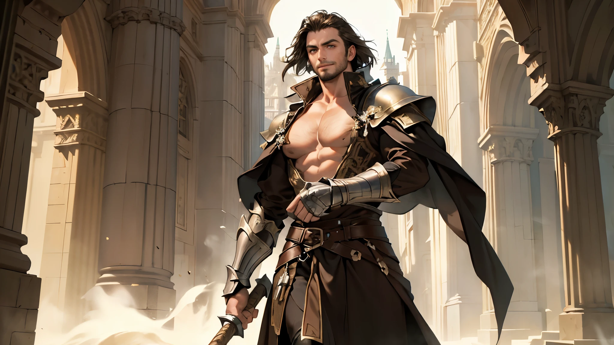 (((((male))))), masterpiece, ultra detailed, 8K Portrait, Raw photo, man's portrait photography, Highly detailed face, beautiful and meticulous eyes, ((Fantasy)), 30 years old (((man))), 180 cm, (((strong physique))), macho man, ((dark bob cut hair)), Smile, adventurer, (((brown silk long cloak))) Fluttering in the wind, (((breast armor))), iron boots, Holding a giant hammer, Midday Sun, Hyper realistic, Strong body, Long legs, in the medieval adventurer's guild, Ambient lighting, Shadow details , Camera focus on face, strong breeze, Light fog