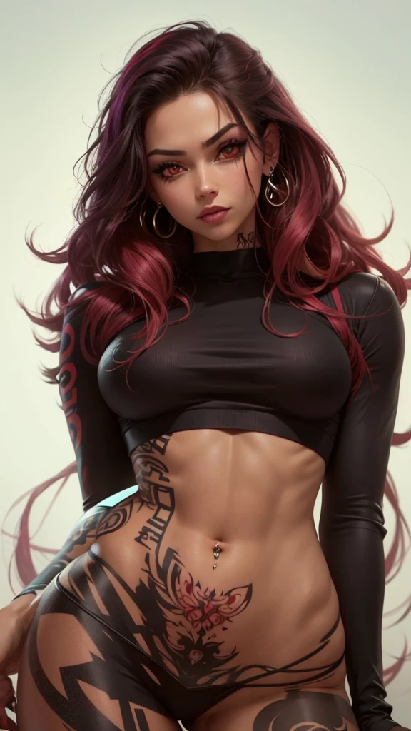 Beautiful girl , rogue hair, slim fit body , crop top , slim waist, tattooed body, red eyes , ear rings