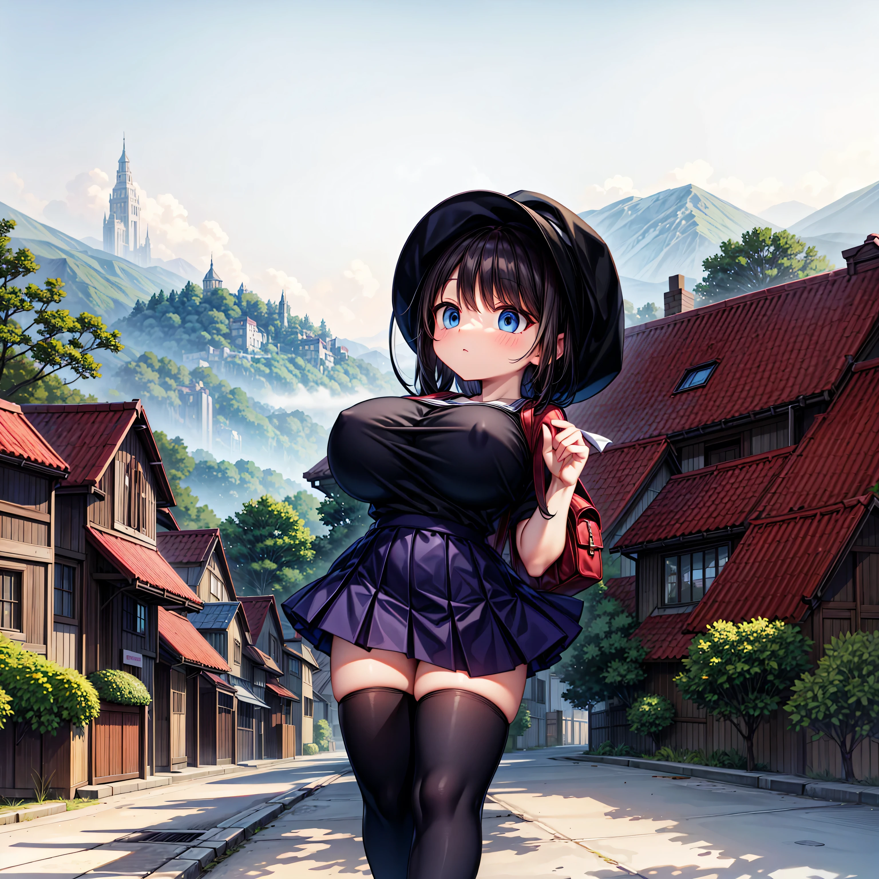 (solo), 1 , carrying school bag on back, disproportionately huge breasts, BREAK, very short skirt, black thighhighs, BREAK, landscape, bluesky, hazy mountains in distance, houses, red roofs, street