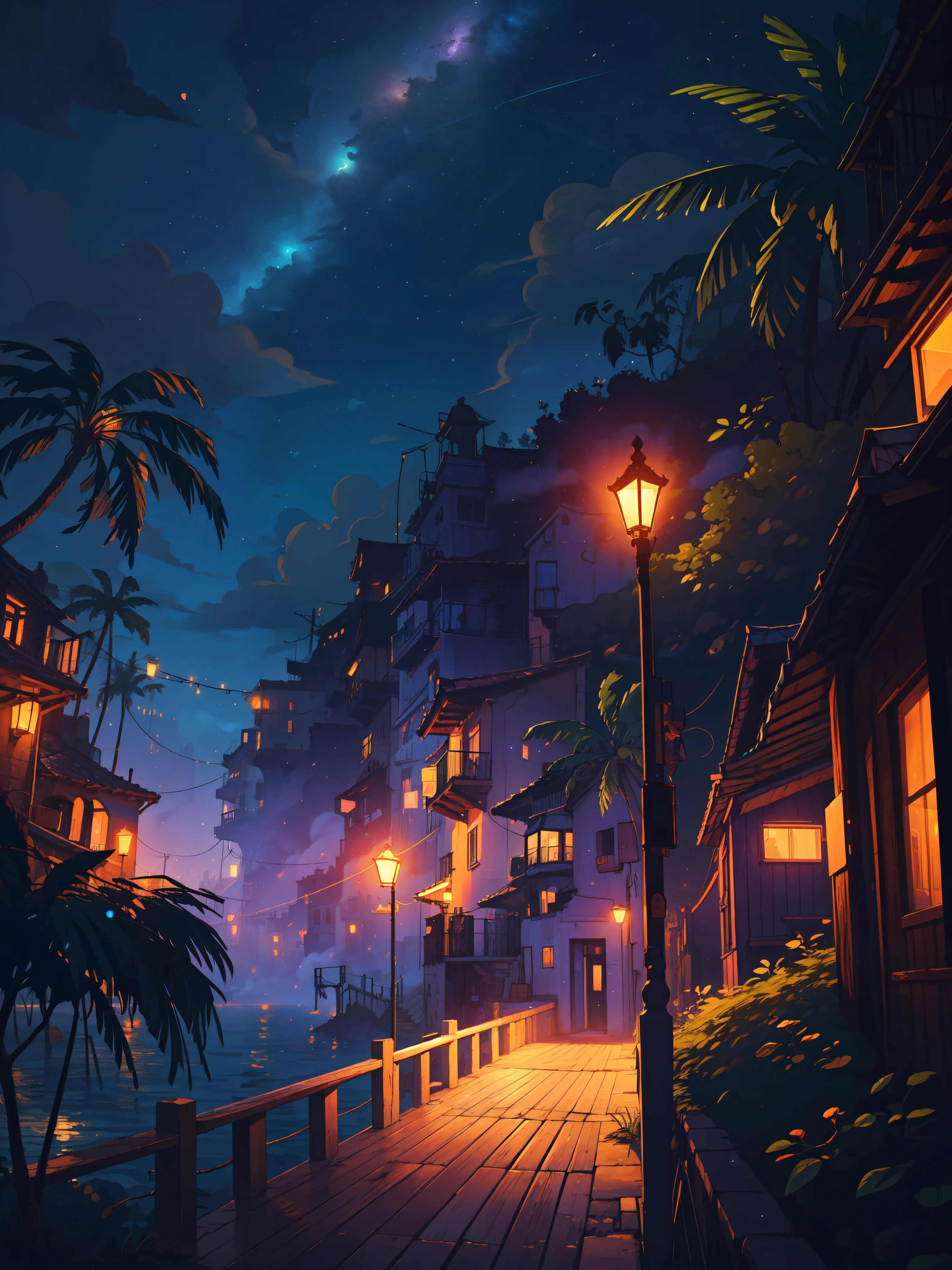 wide view, magical night, sea shore, foggy, orangeish purple night sky, mystical, big palm trees, night time, windy, vibrant blue cloudy sky, magical neon particles in air, wooden path devorated with string lights, dim light, micro landscape, intrinsic details, no one