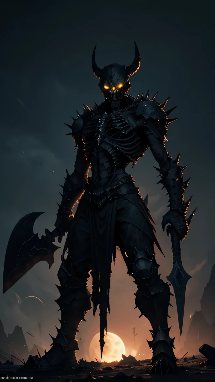 In the desolate wastelands where life struggles to exist, there roams a skeletal figure, adorned with jagged spikes protruding from every bone. Its hollow eyes glow with a malevolent light, and its bony fingers tightly grip a massive axe, its blade reflecting the eerie glow of the moon above. With each step, the spikes rattle ominously, sending shivers down the spine of any who dare to witness its haunting presence. It is a creature of darkness, a harbinger of doom, stalking the night with relentless determination, ready to reap souls with its deadly weapon and add them to its macabre collection.