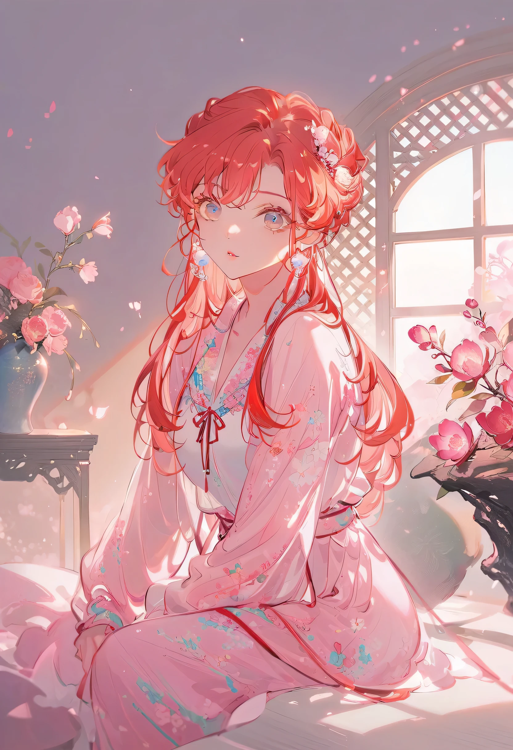 A woman sitting on the bed,Wearing pink floral pajamas, Red Head Girl, beautiful Red Head Woman, Red Head Woman, young Red Head Girl, Short bright red hair, Red Head Hair and Charming Face, Anna Nikonova aka Newmilki, Red Head Girl, Red hair, Beautiful woman, Pose on the bed, Red Head, With short red hair, Posing in the room