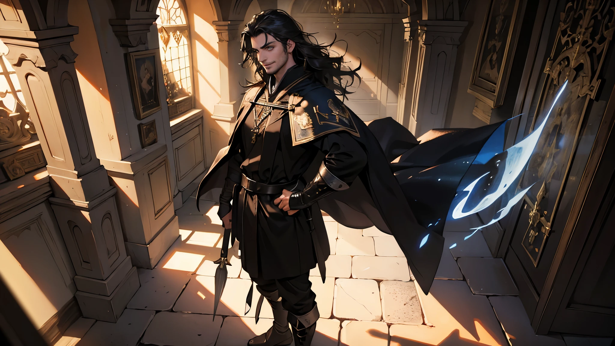(((((male))))), masterpiece, ultra detailed, 8K Portrait, Raw photo, man's portrait photography, Highly detailed face, beautiful and meticulous eyes, ((Fantasy)), 30 years old (((man))), 170 cm, (((((mage))))), (((slimming))), ((dark big hair)), Smile, adventurer, (((mage robe))) Fluttering in the wind, leather boots, Holding a magic gloves, Midday Sun, Hyper realistic, Long legs, in the medieval adventurer's guild, Ambient lighting, Shadow details , Camera focus on face, strong breeze, Light fog