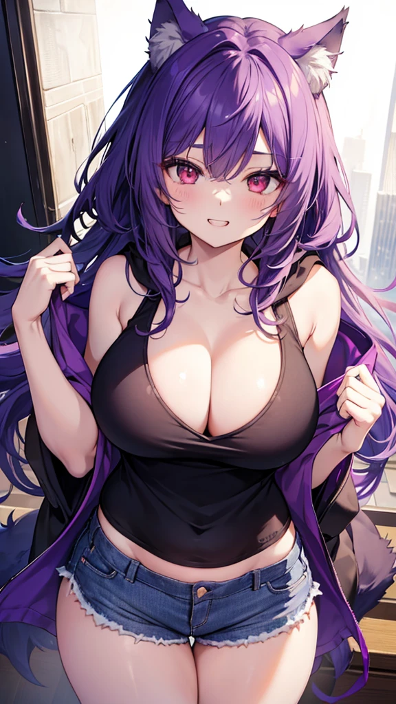 Wolf Girl, Large Breasts, Voluminous purple hair, masterpiece , Red eyes, hd, Thick thighs, Head to Chest, buried in my chest、Double teeth、tooth、Tank top、Chubby、Grinning、Shorts、hoodie、