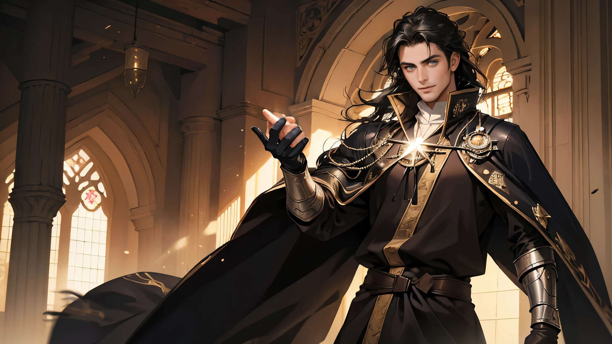 (((((male))))), masterpiece, ultra detailed, 8K Portrait, Raw photo, man's portrait photography, Highly detailed face, beautiful and meticulous eyes, ((Fantasy)), 30 years old (((man))), 170 cm, (((((mage))))), (((slimming))), ((dark big hair)), Smile, adventurer, (((mage robe))) Fluttering in the wind, leather boots, Holding a magic gloves, Midday Sun, Hyper realistic, Long legs, in the medieval adventurer's guild, Ambient lighting, Shadow details , Camera focus on face, strong breeze, Light fog