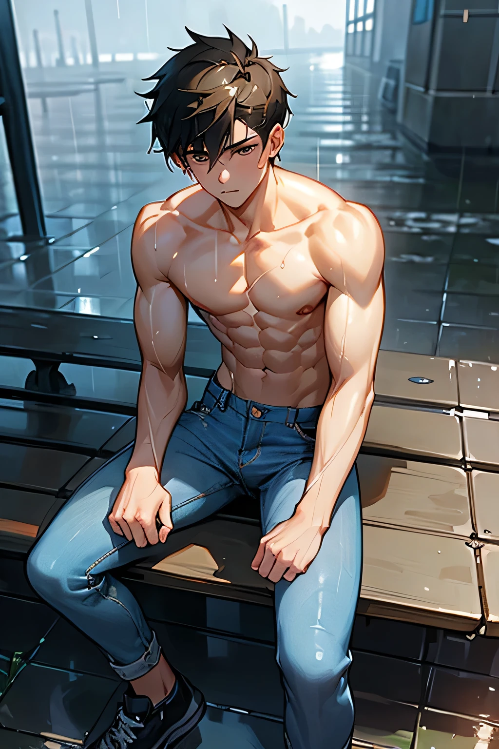 a shirtless 22-year old male wearing jeans, cute, handsome face, six-pack abs, beautiful body, well-defined body, raining, wet in the rain, drenched in the rain, dripping in the rain, sitting on the bench, in the sidewalk