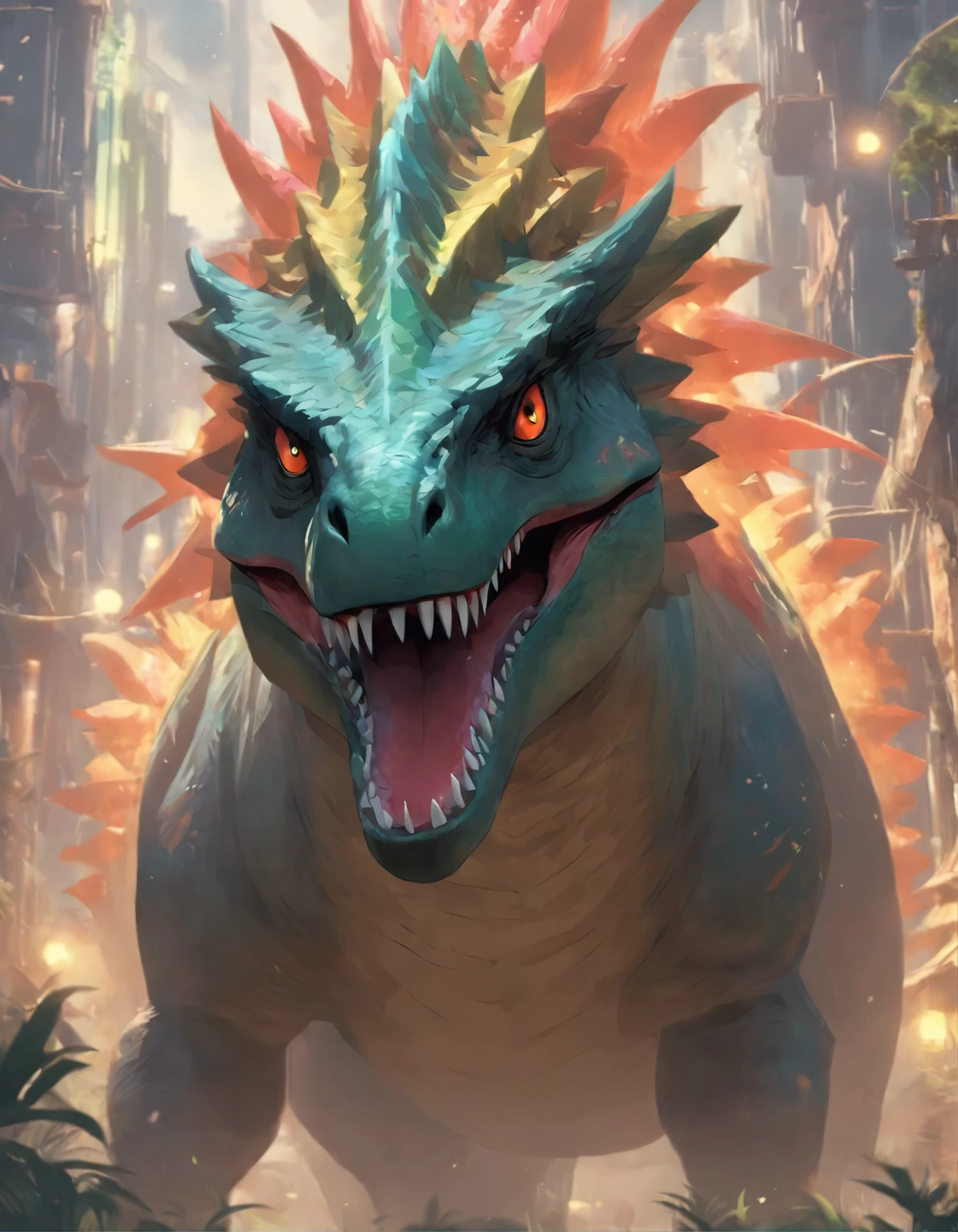 a close up of a dinosaur with a crown on its head, concept art by Aleksi Briclot, trending on cgsociety, fantasy art, 🌺 cgsociety, hyper realistic fantasy monster, the hydra from path of exile, cgsociety ), giant kaiju dragon monster, rending on cgsociety, highly detailed cgsociety, ancient creature, the best on cgsociety
