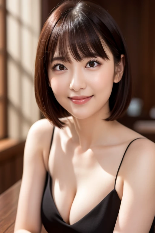 (8k, RAW Photos, highest quality, Tabletop: 1.45), (Realistic, PhotoRealistic: 1.37), one girl, cute, smile, Daytime, Professional Lighting, Tabletop, Rich details, (素晴らしいhighest qualityの写真), (Fine Eye) , High quality photos, High resolution, (Tabletop), Realistic, Extreme light and shadow, Gradient black hair, Small breasts, Even bangs、Bob Hair、28 years old、light makeup、Look in front of you, Thin clavicle,Deep V-neck slip dress, (Improve the beauty of skin texture:1.1),