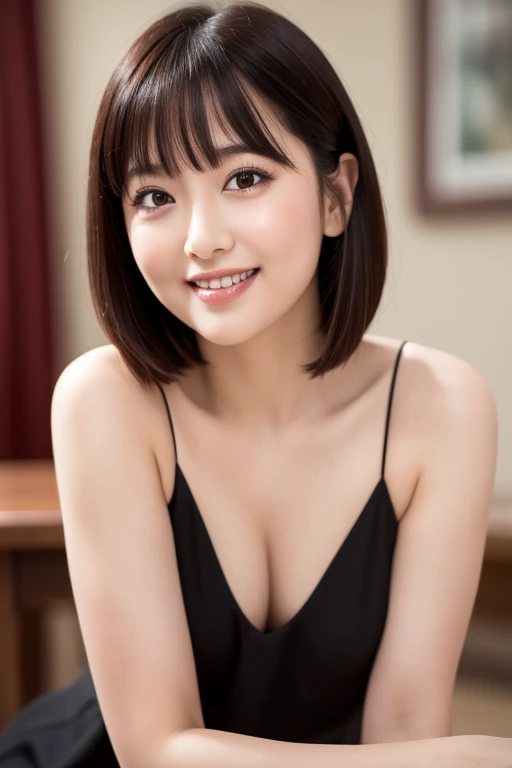 (8k, RAW Photos, highest quality, Tabletop: 1.45), (Realistic, PhotoRealistic: 1.37), one girl, cute, smile, Daytime, Professional Lighting, Tabletop, Rich details, (素晴らしいhighest qualityの写真), (Fine Eye) , High quality photos, High resolution, (Tabletop), Realistic, Extreme light and shadow, Gradient black hair, Small breasts, Even bangs、Bob Hair、28 years old、light makeup、Look in front of you, Thin clavicle,Deep V-neck slip dress, (Improve the beauty of skin texture:1.1),