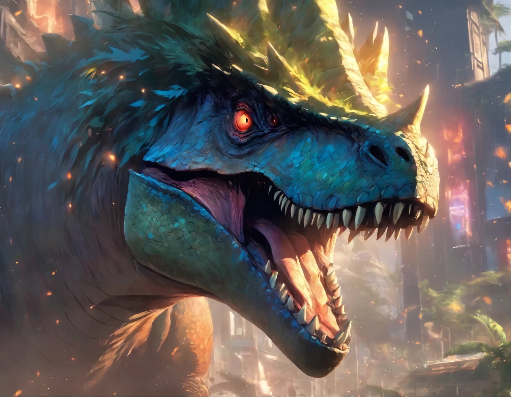 a close up of a dinosaur with a crown on its head, concept art by Aleksi Briclot, trending on cgsociety, fantasy art, 🌺 cgsociety, hyper realistic fantasy monster, the hydra from path of exile, cgsociety ), giant kaiju dragon monster, rending on cgsociety, highly detailed cgsociety, ancient creature, the best on cgsociety
