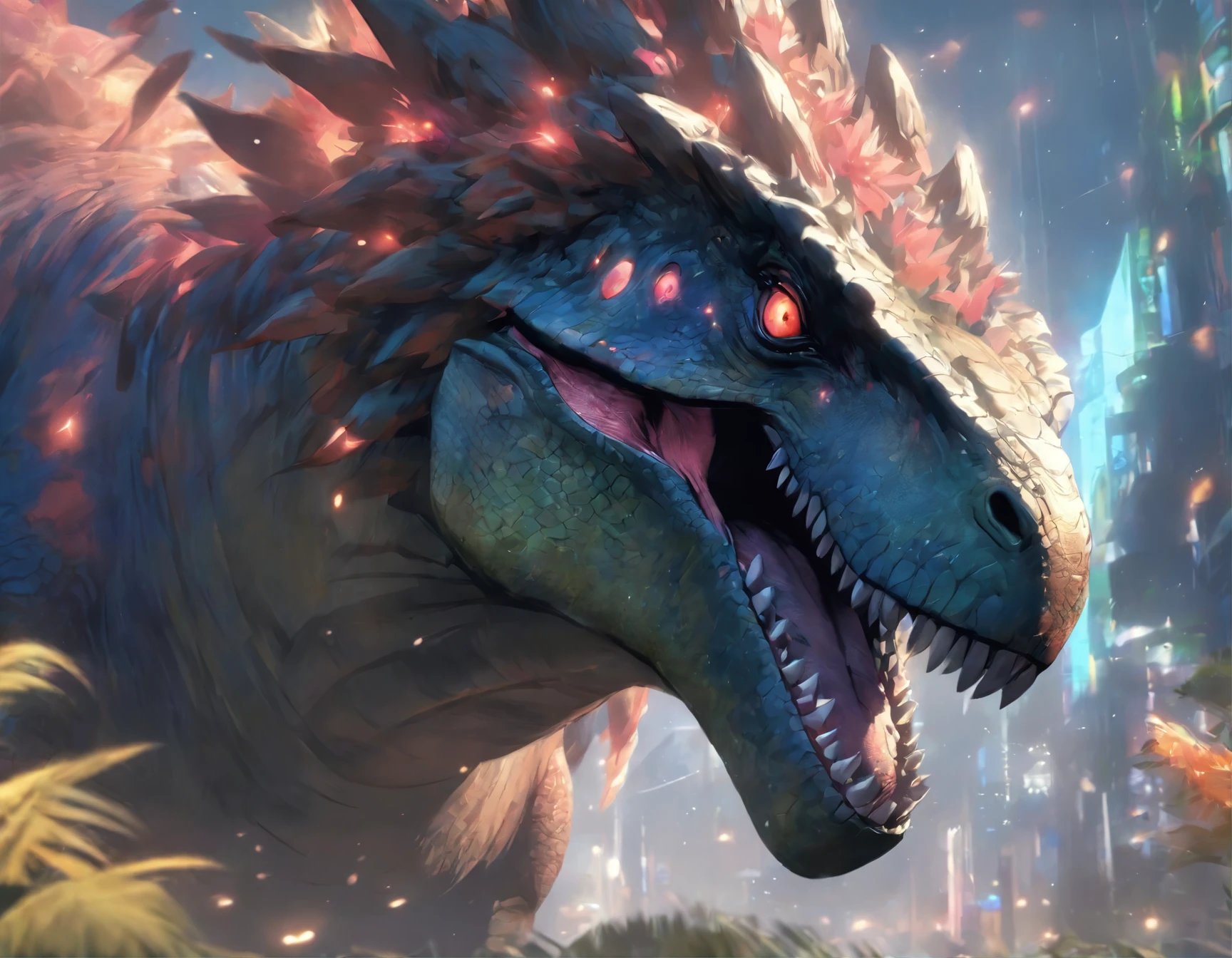 a close up of a dinosaur with a crown on its head, concept art by Aleksi Briclot, trending on cgsociety, fantasy art, 🌺 cgsociety, hyper realistic fantasy monster, the hydra from path of exile, cgsociety ), giant kaiju dragon monster, rending on cgsociety, highly detailed cgsociety, ancient creature, the best on cgsociety