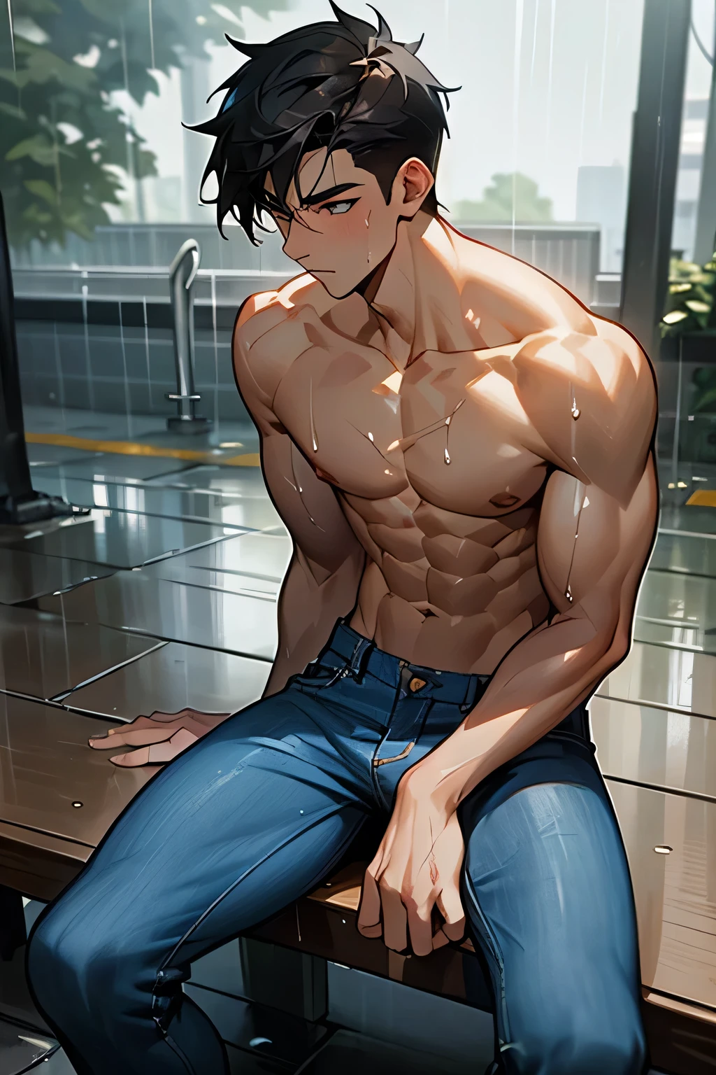 a shirtless 22-year old male wearing jeans, cute, handsome face, six-pack abs, beautiful body, well-defined body, raining, wet in the rain, drenched in the rain, sitting on the bench, in the sidewalk