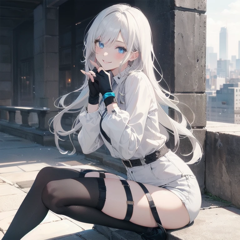 (Masterpiece, Best quality, ultra high resolution), 1 girl, Silver hair, Pale skin, Beautiful detailed face, Detailed eyes, posing on a, On a white background, Dynamic lighting, dynamic shadowing, looking at viewer, White stone punk fashion,(Posing for a photo),((White clothes)), (((black thigh highs))), jean shorts, skirt, white sweater, ((Blue eyes)), happy, smiling, black straps, black strap design, ((Long white hair)), energetic, cheerful, cityscape background
