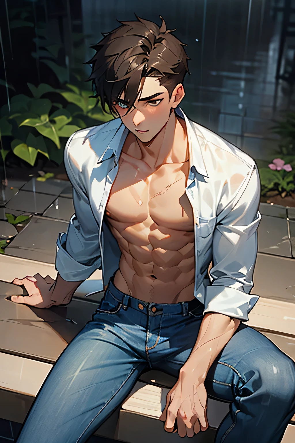 a shirtless 22-year old male wearing jeans, cute, handsome face, six-pack abs, beautiful body, well-defined body, raining, wet in the rain, drenched in the rain, sitting on the bench, in the sidewalk
