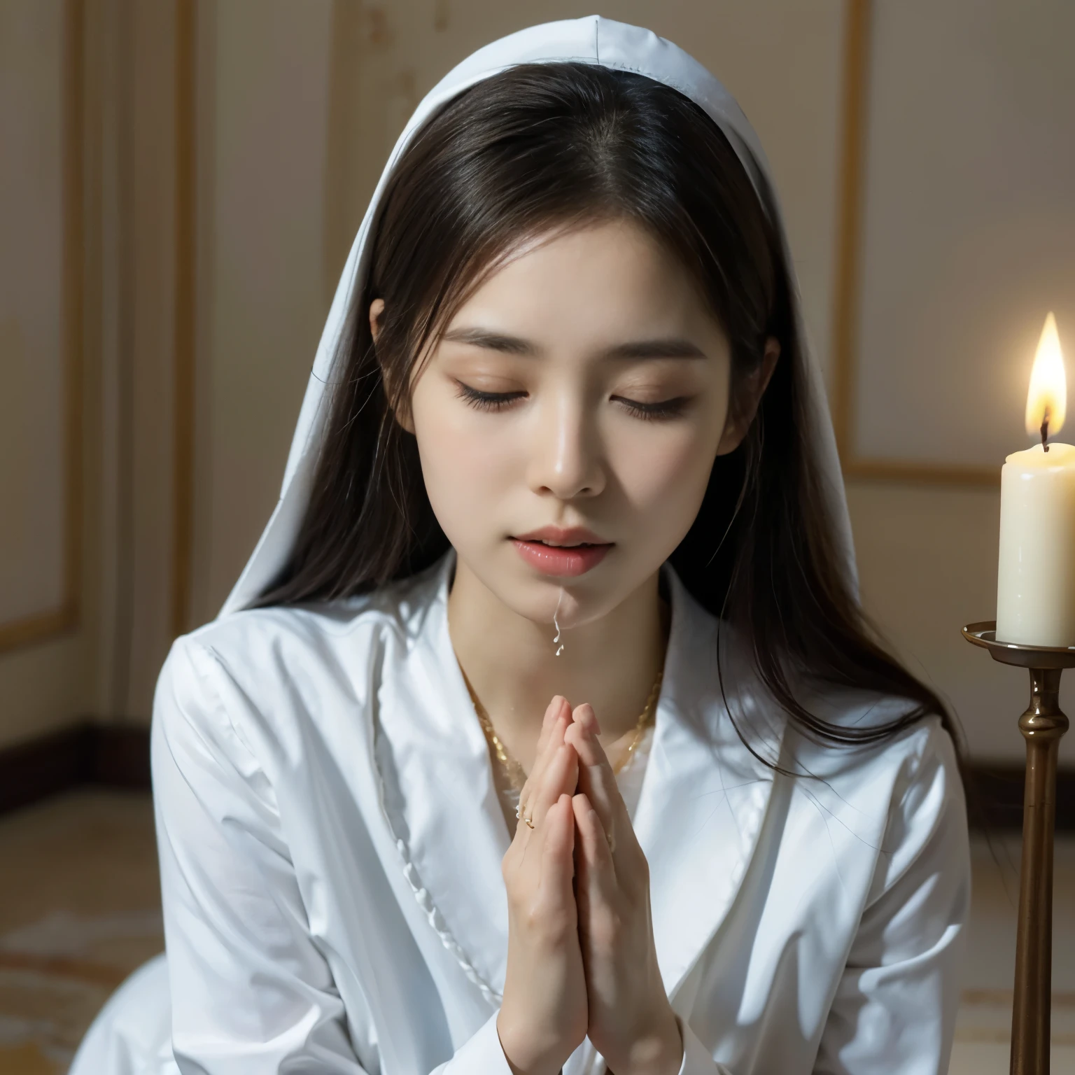 (best quality,4k,8k,highres,masterpiece:1.2),ultra-detailed,(realistic,photorealistic,photo-realistic:1.37),oil painting,soft brush strokes,sacred atmosphere,soft lighting,nun in white habit,candlelight flickering on walls,praying hands with rosary beads,stained glass windows,tranquil expression,gentle smile,golden crucifix necklace,shimmering halo above head,vivid colors,subtle shadows,long wavy hair flowing,elegant posture,peaceful ambiance.A young and very beautiful nun、(Open your mouth wide:1.55)、(Half close your eyes:1.4)、(reach sexual climax:1.55)、Face the viewer、Kneeling pose、At the altar of the chapel、Shot from above、natural breasts