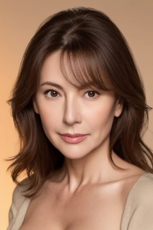 Ultra-high resolution, masterpiece, highest quality, perfect glowing skin, Perfect lighting, Detailed lighting, Muscular Japanese middle-aged woman, 55 years old、, Beige lightweight knit, Looking at the camera, Off the shoulder, Brown wavy hair with highlights、Big Breasts, Large exposed cleavage, Black double eyelids, Browsing Caution, ((Dark Background)), Sexy Face, Facial expressions when feeling happy,whole body、Loose skin