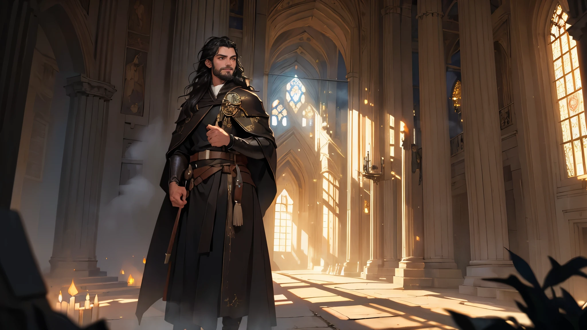 (((((male))))), masterpiece, ultra detailed, 8K Portrait, Raw photo, man's portrait photography, Highly detailed face, beautiful and meticulous eyes, ((Fantasy)), 30 years old (((man))), 170 cm, (((((mage))))), (((slimming))), ((dark big hair)), Smile, adventurer, (((mage robe))) Fluttering in the wind, leather boots, Holding a magic gloves, Midday Sun, Hyper realistic, Long legs, in the medieval adventurer's guild, Ambient lighting, Shadow details , Camera focus on face, strong breeze, Light fog