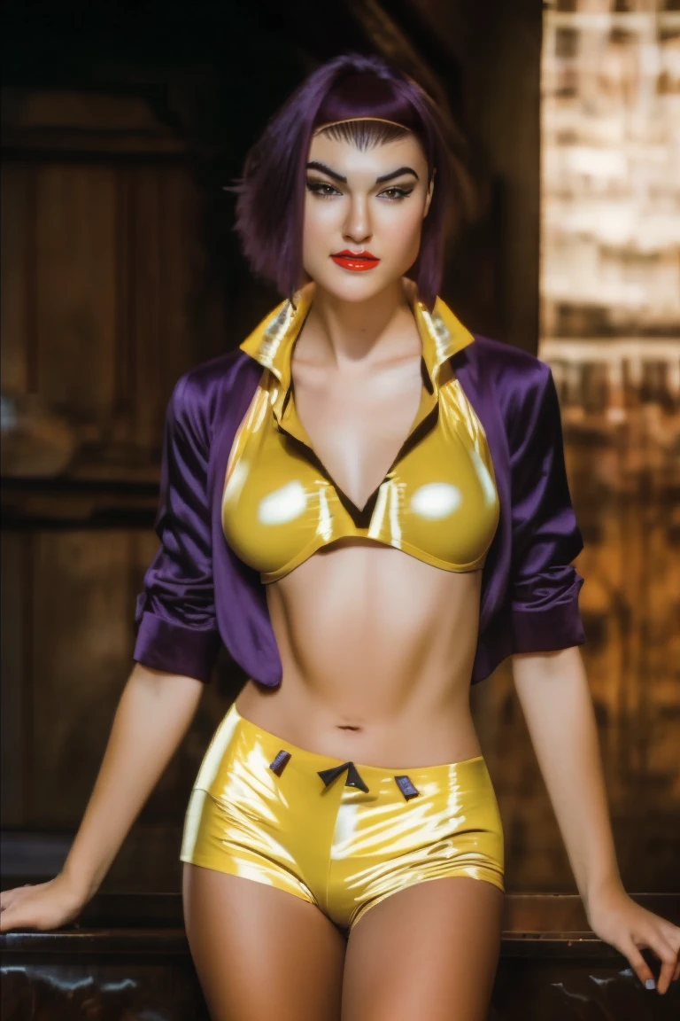 (1 lady), The beautiful, (Best quality at best:1.4), (ultra - detailed), (extremely detailed CG unified 16k), ((Faye Valentine)), stunning intricate full color portrait of a woman, ((wearing yellow collar shirt, cropped, yellow short pant, headband)),happy, epic character composition, by ilya kuvshinov, alessio albi, nina masic, sharp focus, natural lighting, subsurface scattering, f2, 35mm, film grain, portait, closeup, very detailed skin texture, (masterpiece), short purple hair, long legs, head to feet long wide zoomed out view, full body long view, perfect body, photorealistic, ((realistic natural purple hair style, green eyes)), short  hair, (perfect body, attractive female body at its perfection), perfect beauty, pout mouth, flirting smile, cleavages, city girl, western, (masterpiece), best quality, high resolution, extremely detailed, clear and well-cared skin, perfect body