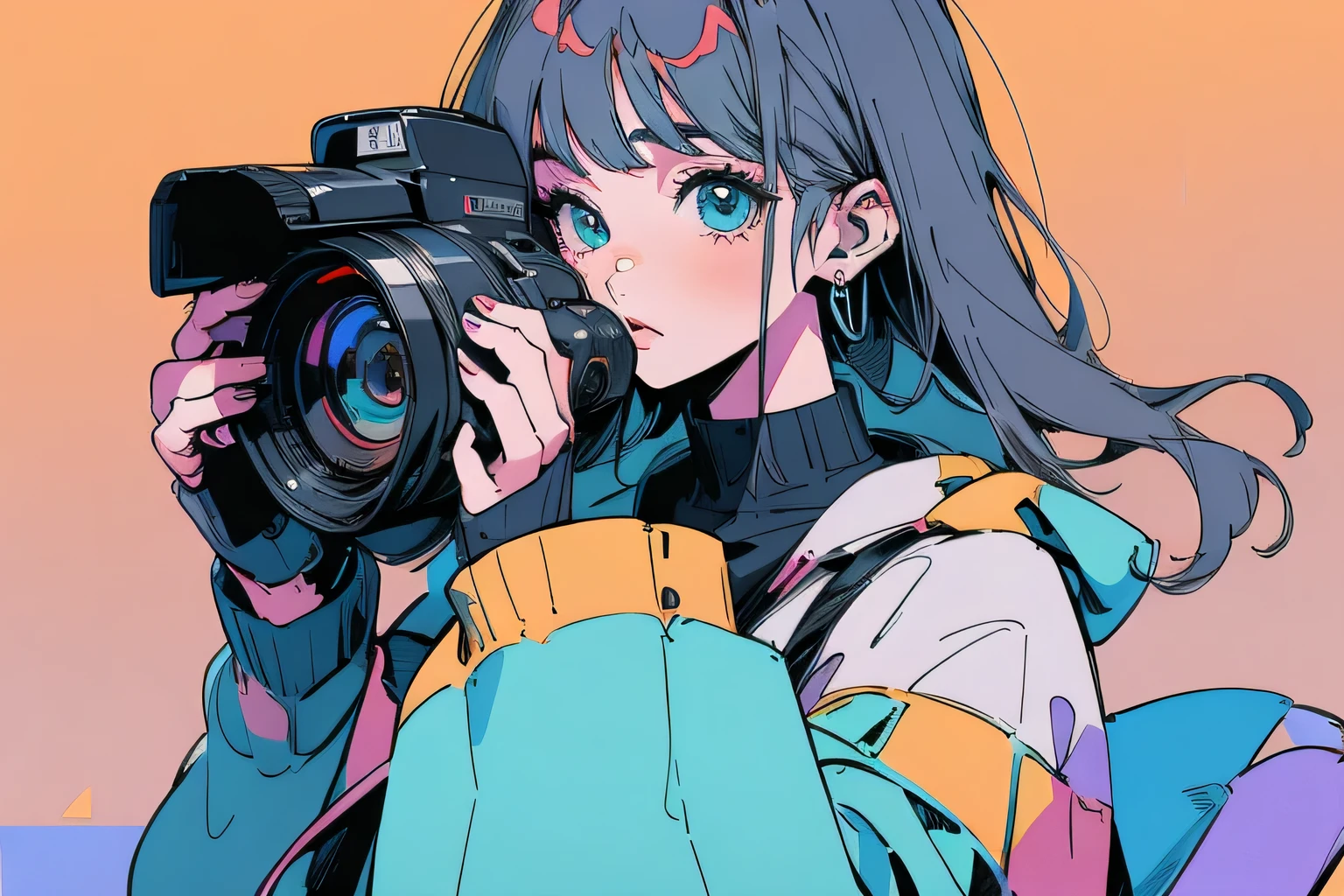 High quality, fantastic, 2020s illustration, girl with camera, copic, --aspect 3:2