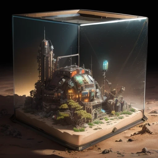 3598年Mars realistic model, (bifurcation, original photo, best quality, masterpiece:1.4),SteampunkCyberpunk6820 City,(CyberpunkMars light:1.3), Mars (related to land),(in a small glass tank box:1.3),Isometric, small nature, landscape on foundation,landscape,