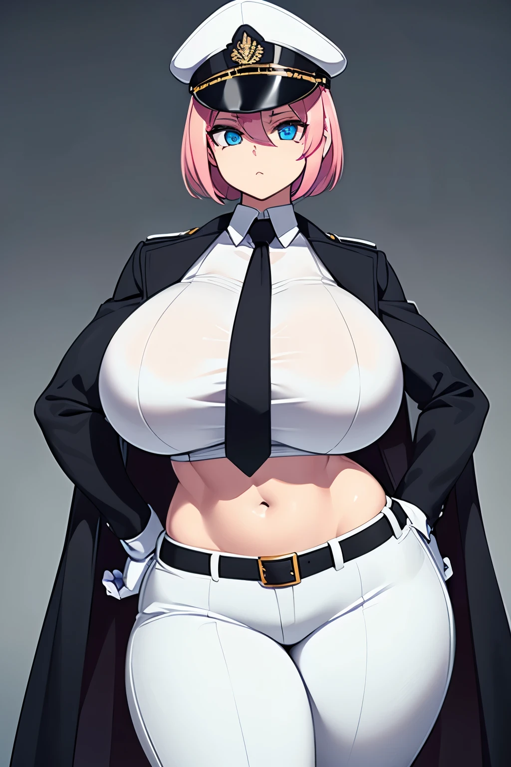1girl,,solo, masterpiece, best quality, (extremely detailed CG unity 8k wallpaper), (best quality), (best illustration), (huge brea), (voluptuous figure, thin waist, wide hips), front view, one right hand on hip, short hair, pink hair, blue eyes, military uniform, peaked cap, white shirt, black gloves, belt, black pants, necktie, navel, straps, black coat, narrow eyes, long eyelashes, abdomen