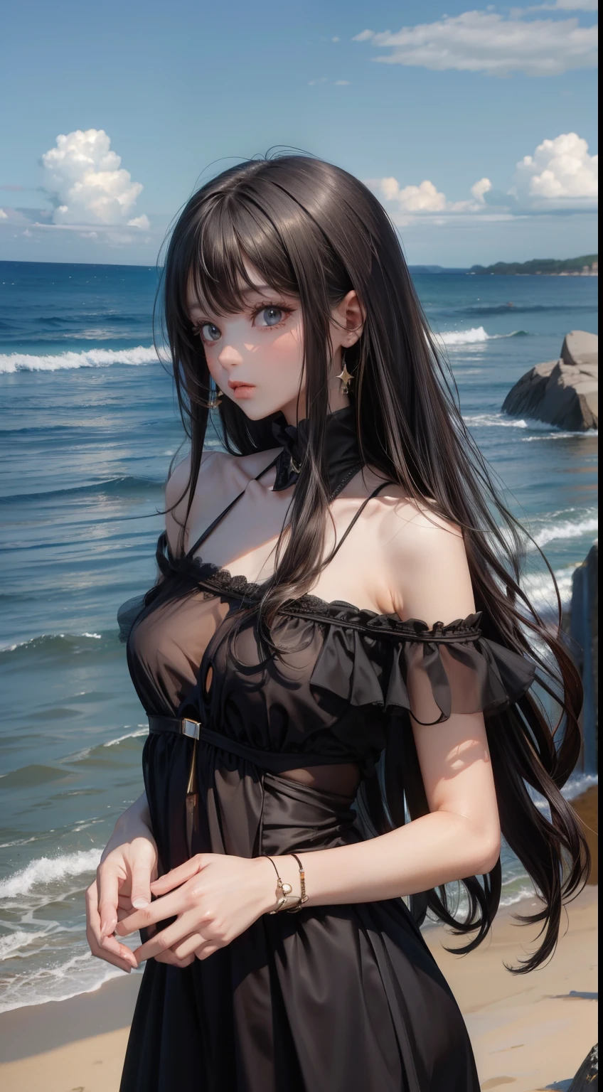 Beach,Black Hair,Straight hair,Black Dress,Nipples,smoking,Super high quality,masterpiece,super high quality,Ultra-high resolution,Best image quality,Top-class,最high quality,Highest Resolution,high quality,beautiful,beautiful,high quality,Genuineな質感,Genuine,8k,Detailed,Two-dimensional beautiful girl