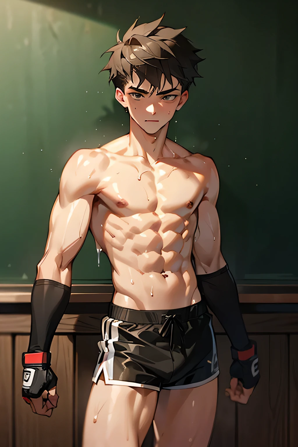 a shirtless confident 19-year old handsome caucasian male in faded haircut, mma gloves, fighting shorts, cute, handsome face, six-pack abs, beautiful body, well-defined body, dripping sweat, drenched with sweat, standing infront of a blackboard