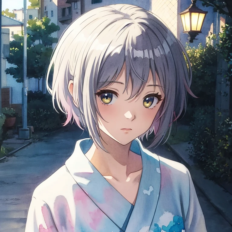(highres, best quality:1.2), radiance, soft contours, beautiful drawing, 
1girl, (8k, best quality, masterpiece:1.2), watercolor,    kyoani haruhi style, ((Nagato Yuki)), ember yellow eyes, short hair, emotionless face, summer blue yukata, pastel colors, (ink:1.3), (cold summer lights), traditional media, watercolor \(medium), watercolor background, melancholic atmosphere, 
