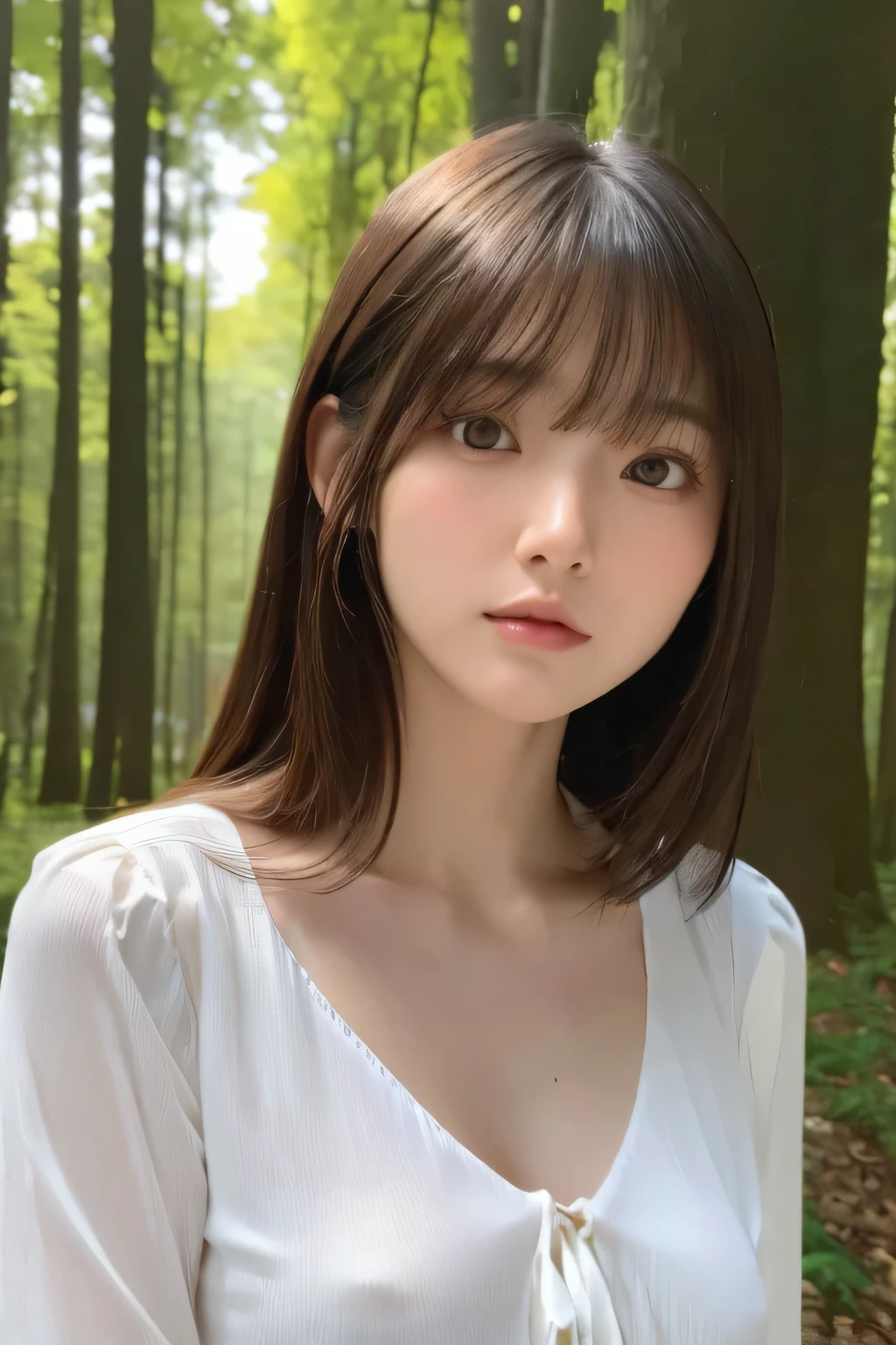 one Japanese girl, (a beauty girl, delicate girl:1.3), (20-year-old:1.0), break, (summer、 blouse:1.3), break, (in the forest:1.3), break, Extremely fine resolution, (Symmetrical eyes:1.3), break, Small breasts, Brown eyes, Parted bangs, Brown Hair, girl, break, (Eye and facial details:1.0) break, (masterpiece, highest quality, Very detailed, Detailed face, 8K)、(Nipples visible through gaps in clothes:1.0)、stand、slouch、face down、Side view、Clothes get torn