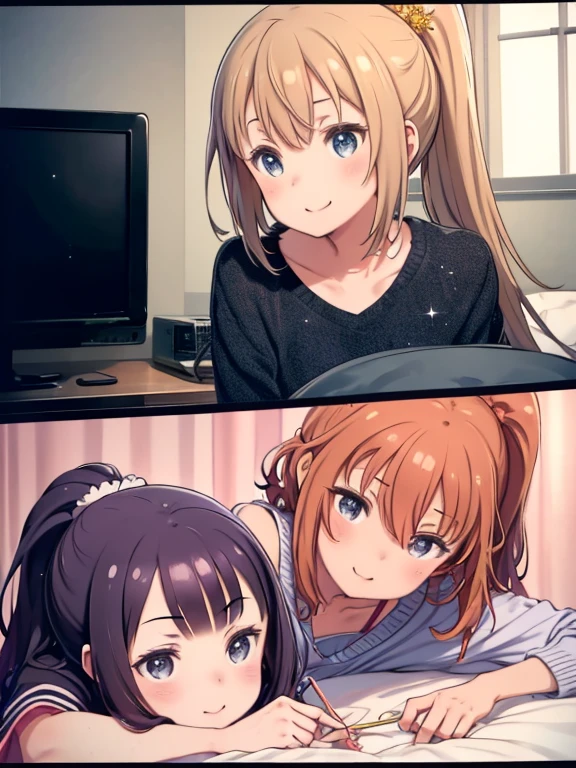 An absurd solution, High resolution, (masterpiece: 1.4), Very detailed, (((Detailed face, Detailed Expression)), Two Girls, girl and girl, friend, best friend, Classmate, relax, ponytail, Bob, sitting on bed, Sitting on the floor, The two are talking, The background is in the room, friend, Relatives and friends, Home, 1K, Small room, curtain, bed, tv set, machine, sweets, Talk about travel with friend, Meeting, fun, smile, Loungewear, Kyoto Animation, Kyoto Animation atmosphere, Glitter, shine,