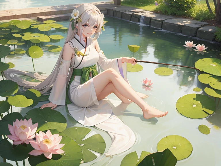 Lotus blossoms full of lotus flowers, 坐在莲蓬叶上fishing, huge lotus leaf, Smile,barefoot, Wearing white and green Hanfu, Light and Shadow, masterpiece,fishing rod,fishing,Bubble pool pink flower tile floor embrace flower