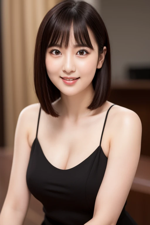 (8k, RAW Photos, highest quality, Tabletop: 1.45), (Realistic, PhotoRealistic: 1.37), one girl, cute, smile, Daytime, Professional Lighting, Tabletop, Rich details, (素晴らしいhighest qualityの写真), (Fine Eye) , High quality photos, High resolution, (Tabletop), Realistic, Extreme light and shadow, Gradient black hair, Small breasts, Even bangs、Bob Hair、28 years old、light makeup、Look in front of you, Thin clavicle,Deep V-neck slip dress, (Improve the beauty of skin texture:1.1),