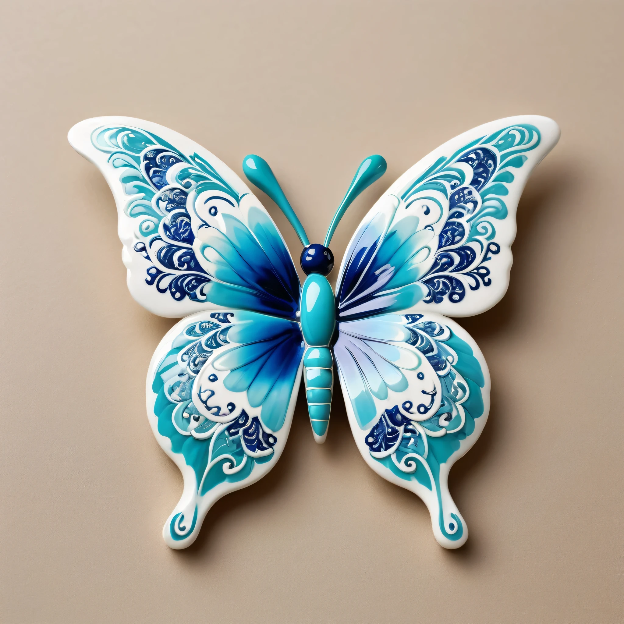 (A porcelain butterfly, vibrant colors, intricate details),blue and white,delicate patterns,Chinese traditional art style,turquoise, delicate wings, shimmering effect