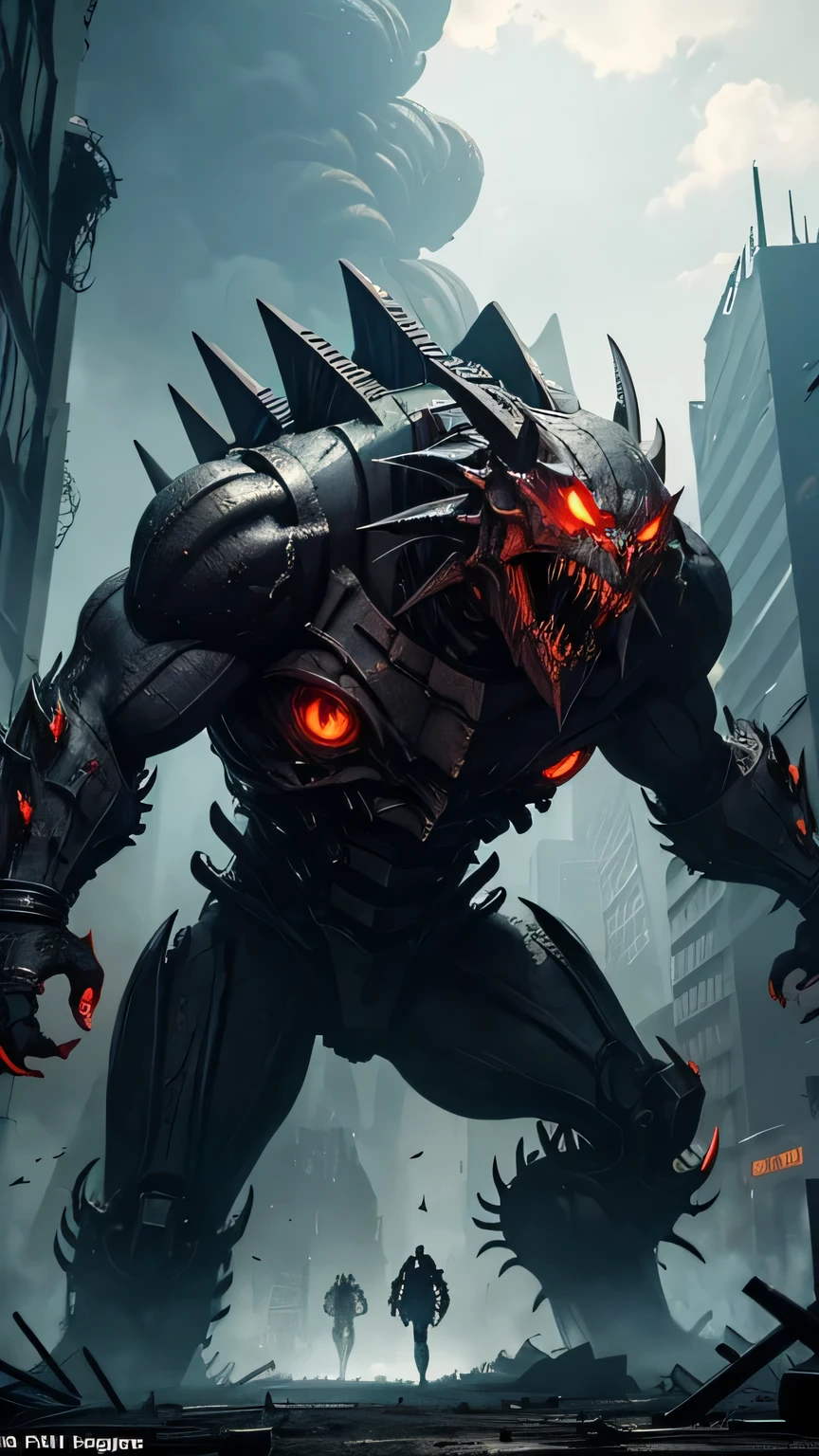 Imagine a nightmare brought to life in the ruins of a forsaken metropolis. Amidst the twisted metal and crumbling buildings stands a monstrous creation, a fusion of mechanical parts and sheer terror. Its metallic frame creaks and groans with every movement, emitting a spine-chilling symphony of mechanical agony. In the center of its monstrous face, a single colossal red eye glows with an intense, malevolent glare, piercing through the darkness like a beacon of doom.
Rows of razor-sharp teeth line its gaping maw, dripping with the remnants of its unfortunate victims. Each step sends shockwaves through the shattered ground, as the creature prowls the desolate streets with relentless purpose. Its presence alone fills the air with a suffocating sense of dread, as if the very essence of fear has taken physical form.
This abomination is a testament to mankind's hubris, a twisted creation gone horribly wrong, now haunting the broken cityscape as a relentless predator, hungry for destruction and despair.