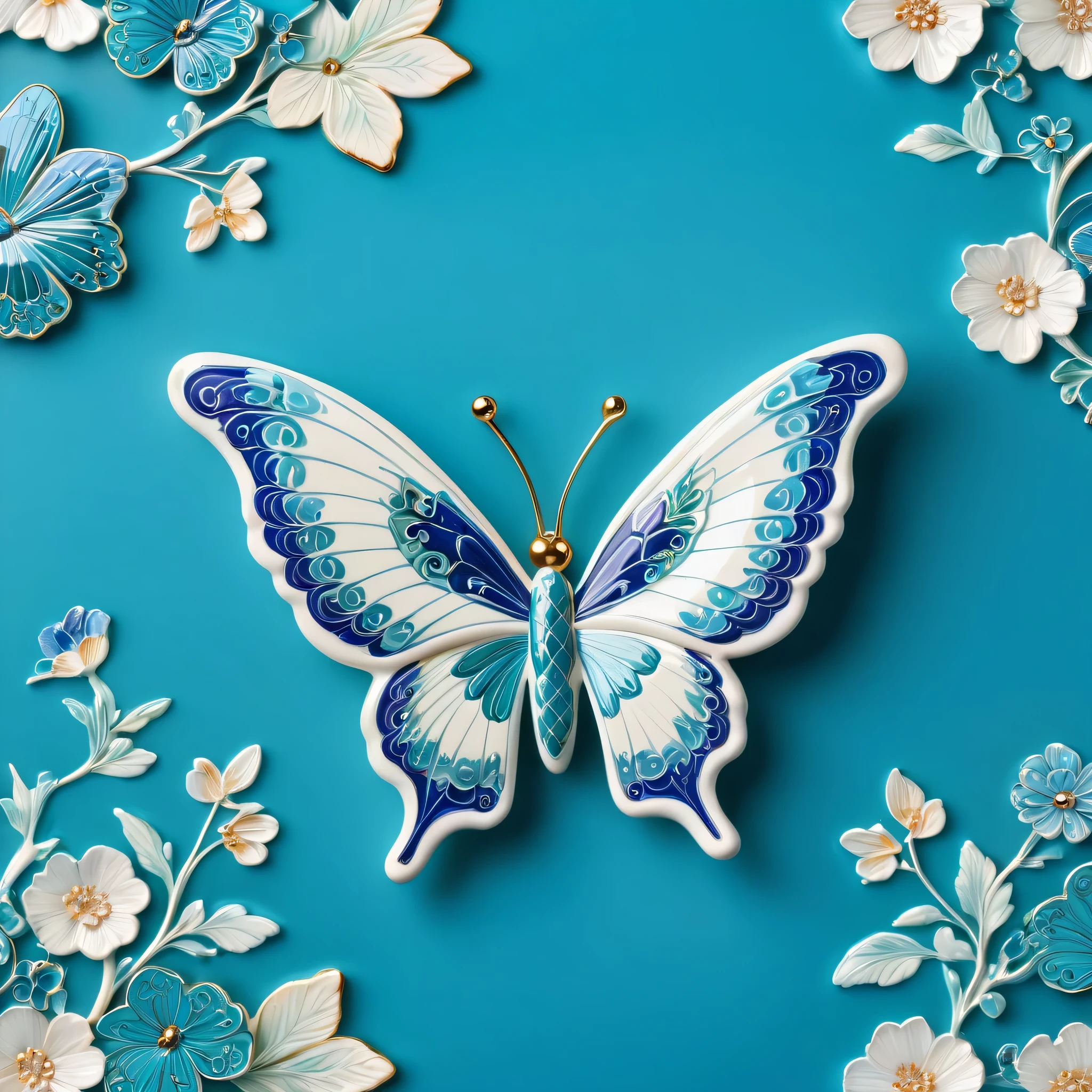 (A porcelain butterfly, vibrant colors, intricate details),blue and white,delicate patterns,Chinese traditional art style,turquoise, delicate wings, shimmering effect