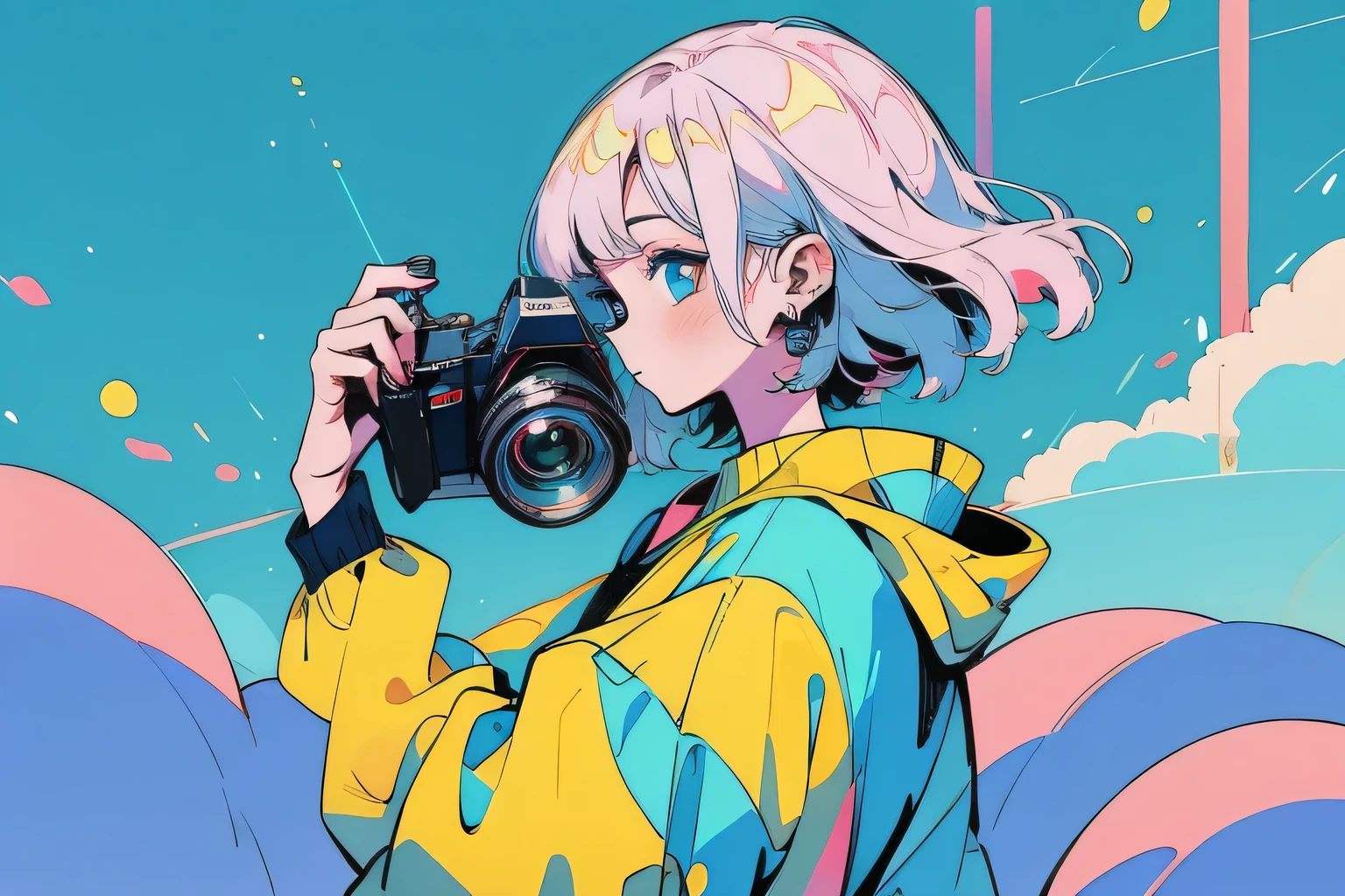 High quality, fantastic, bright colors, 2020s illustration, girl with camera, copic, --aspect 3:2