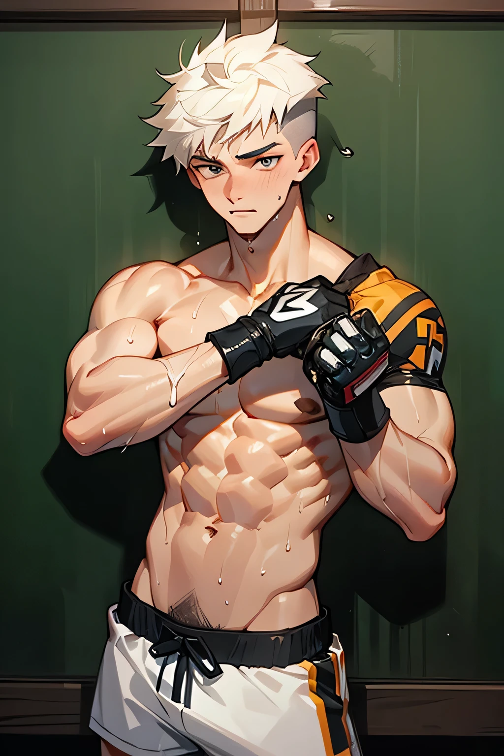 a shirtless confident 19-year old handsome caucasian male in faded haircut, mma gloves, fighting shorts, cute, handsome face, six-pack abs, beautiful body, well-defined body, dripping sweat, drenched with sweat, hands above the head, standing infront of a blackboard 
