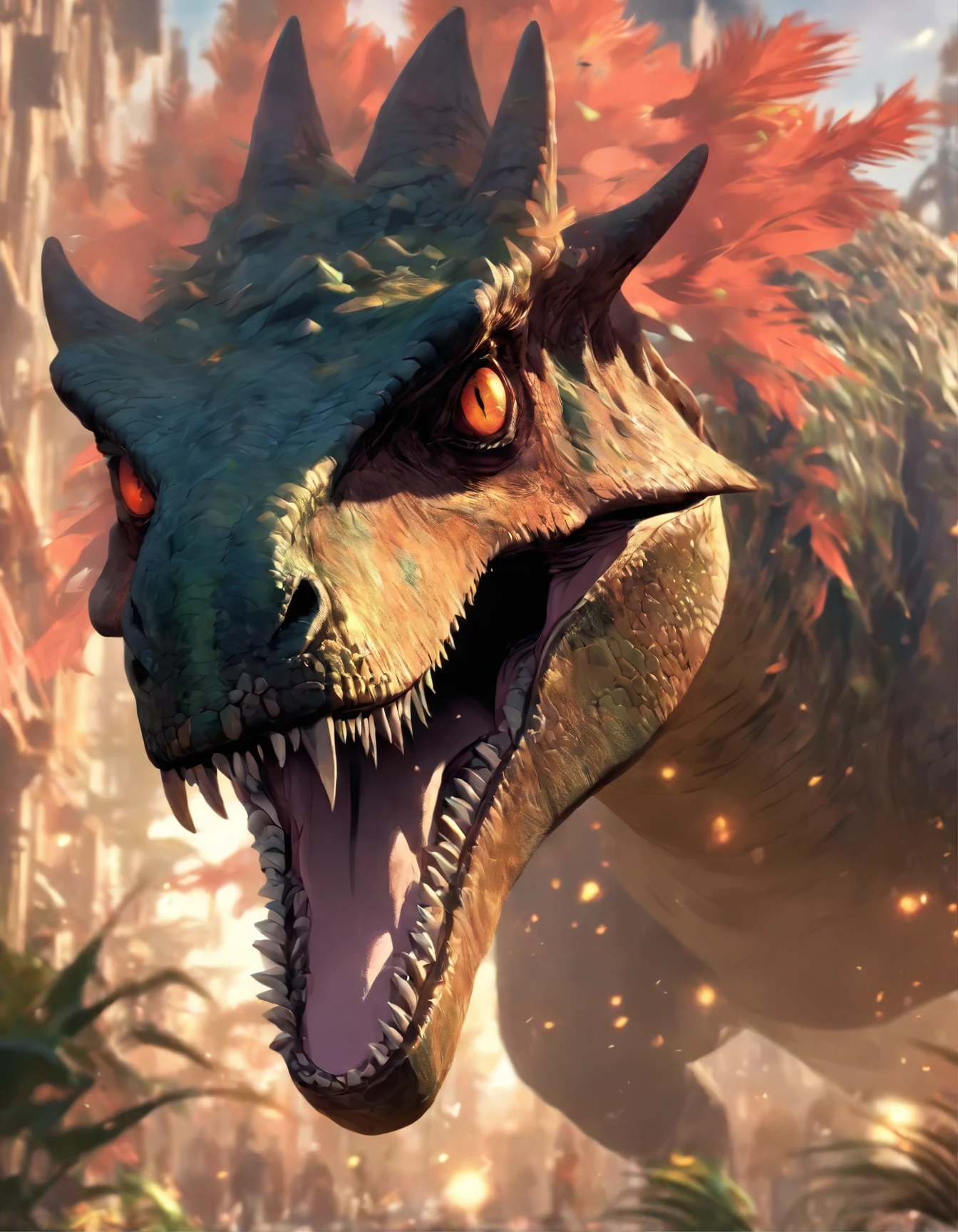 a close up of a dinosaur with a crown on its head, concept art by Aleksi Briclot, trending on cgsociety, fantasy art, 🌺 cgsociety, hyper realistic fantasy monster, the hydra from path of exile, cgsociety ), giant kaiju dragon monster, rending on cgsociety, highly detailed cgsociety, ancient creature, the best on cgsociety