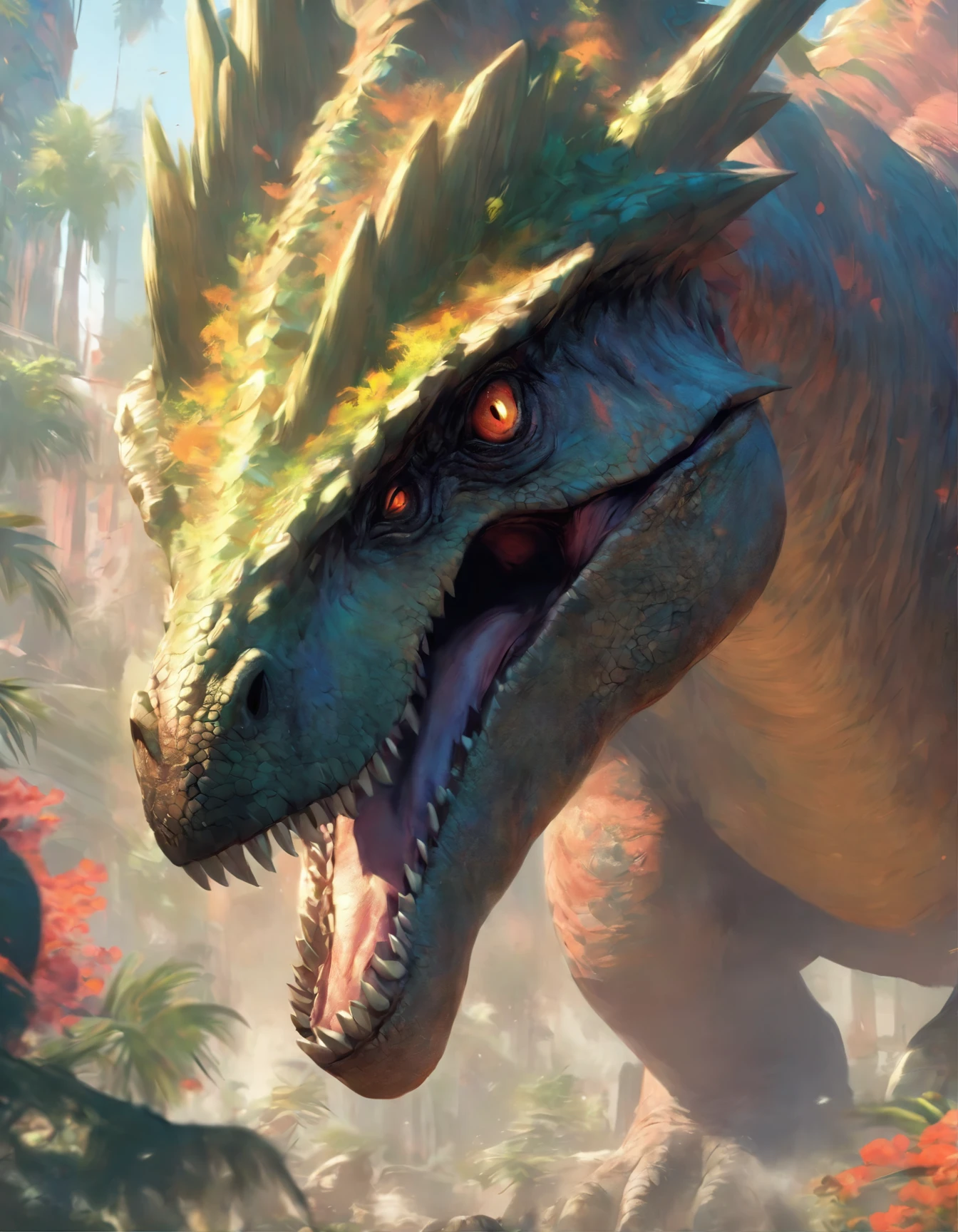 a close up of a dinosaur with a crown on its head, concept art by Aleksi Briclot, trending on cgsociety, fantasy art, 🌺 cgsociety, hyper realistic fantasy monster, the hydra from path of exile, cgsociety ), giant kaiju dragon monster, rending on cgsociety, highly detailed cgsociety, ancient creature, the best on cgsociety