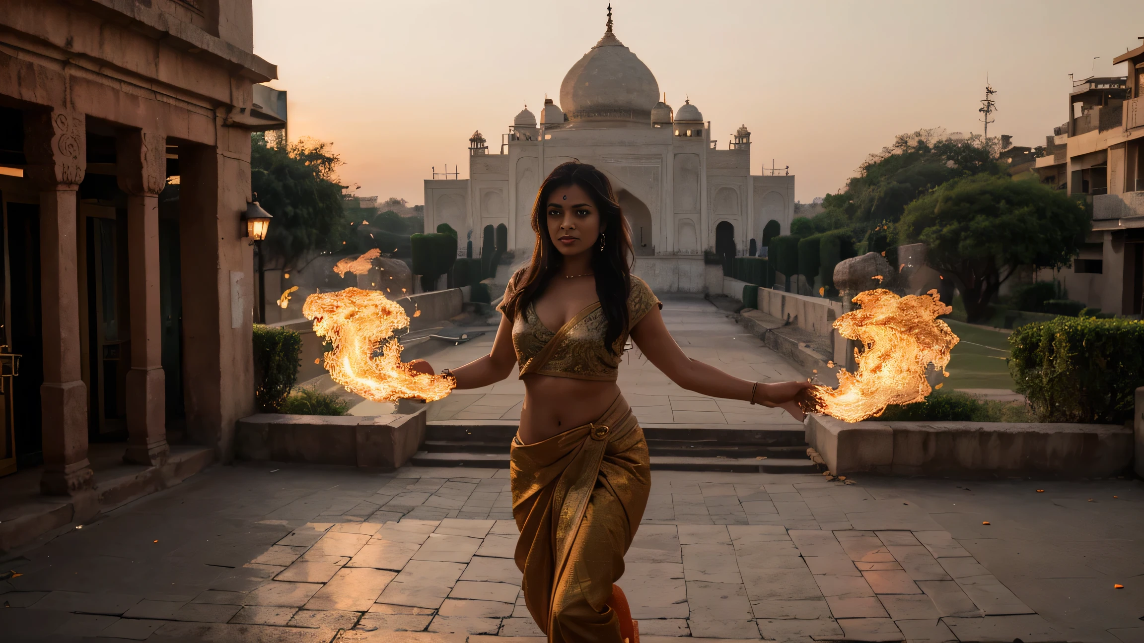Women... Fiery and Cool.. In Full Action.. In Modern times. With India Illuminated in the backdrop. Dressed in Traditional Indian Saree..Flowing and glowing in morning sunrise. futurism . No extra limbs Hindu Temples in the Background.