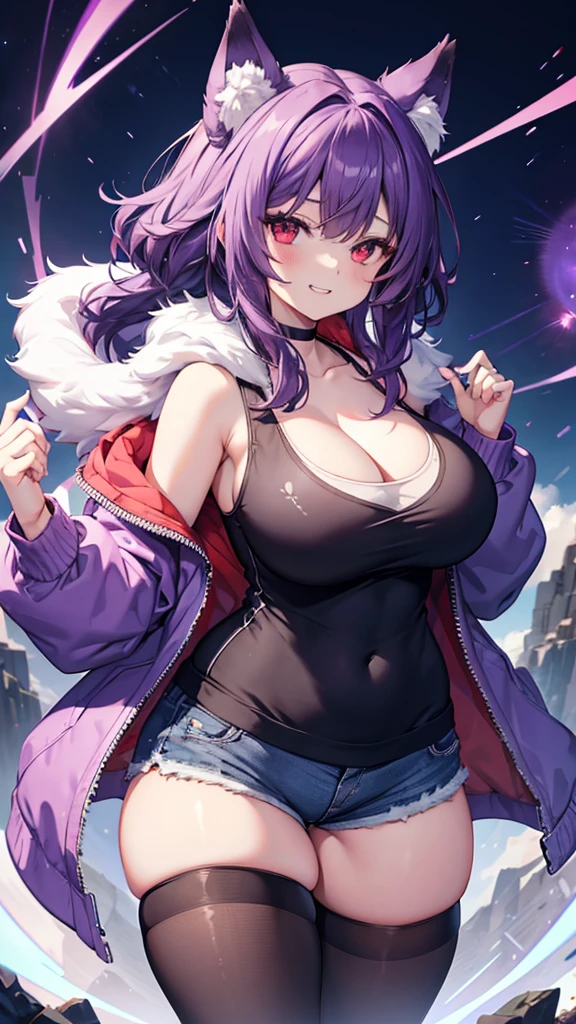 Wolf Girl, Large Breasts, Voluminous purple hair, masterpiece , Red eyes, hd, Thick thighs, Head to Chest, buried in my chest、Double teeth、tooth、Tank top、Chubby、Grinning、Shorts、hoodie、