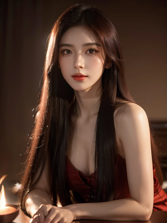 red hair, blunt smooth, smooth, long hair, hair spread out, straight hair, ผมshadowงาม, glowing eyes, Long eyelashes, Amber Eyes, put on makeup, evil smile, Blush, canine, Surrealism, chiaroscuro, movie light, ภาพshadow, shadow, UHD, Masterpiece, Anatomically correct, super details, height, best quality