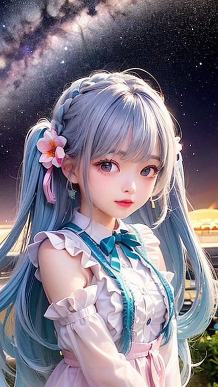 (highest quality, masterpiece), One Girl, Twin tails、stop temporarily, particle, Wind, flower, Upper Body, Simple Background, View audience, , milky way,smile、Turquoise Eyes、(Silver long hair)、Red eyeshadow、Light pink lipstick、flower柄、Sexy ta、Braid、Cute earrings、Wind、Crescent Moon、Dynamic pose
