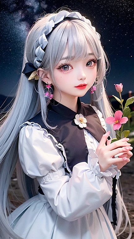 (highest quality, masterpiece), One Girl, Twin tails、stop temporarily, particle, Wind, flower, Upper Body, Simple Background, View audience, , milky way,smile、Turquoise Eyes、(Silver long hair)、Red eyeshadow、Light pink lipstick、flower柄、Sexy ta、Braid、Cute earrings、Wind、Crescent Moon、Dynamic pose
