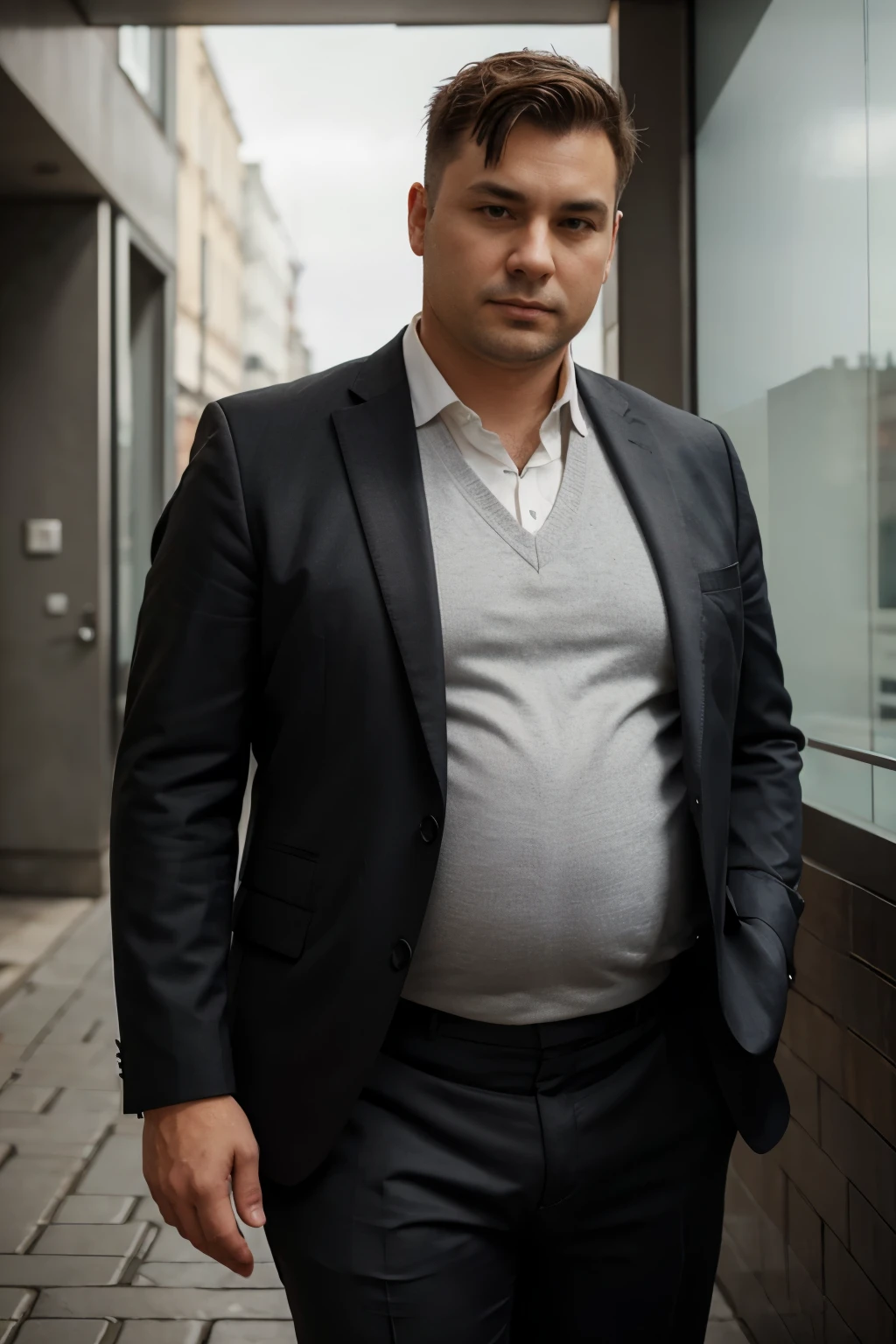full-length photo of a man about forty, a little plump, in a suit with short hair, ashen hair, in casual clothes, On the background of the 'Warszawa'