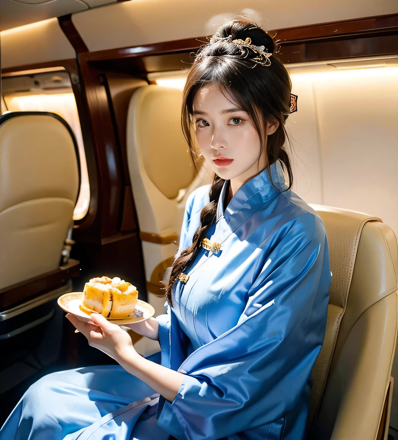 (goddess-like happiness:1.2), Stewardess, Plate hair, Chinese bun, on the plane, elegant, stunning, gorgeous, vivid, masterpiece, glamorous, realistic, aesthetic, depth of field, Best quality, masterpiece, ultra high res, photorealistic, raw photobest ratio, cinematic lighting, Chinese Style, Tie up all the hair, (RAW photo:1.2), (photorealistic:1.4), (masterpiece:1.3), (intricate details:1.2), A glamorous Chinese beauty stewardess walks confidently and elegantly in the cabin of an Chinese airliner wearing an Chinese stewardess uniform.