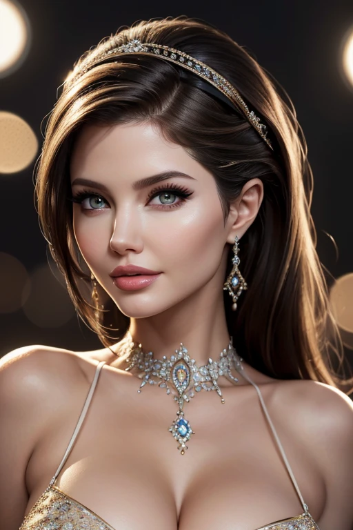 (best quality, highres, ultra-detailed, professional:1.2), Amanda Cerny with Angelina Jolie eyes, beautiful detailed lips, extremely detailed eyes and face, long eyelashes, gorgeous appearance, confident and radiant, fashionable clothing, elegant poses, captivating smiles, vibrant colors, bokeh, portraits, studio lighting, realistic, sharp focus