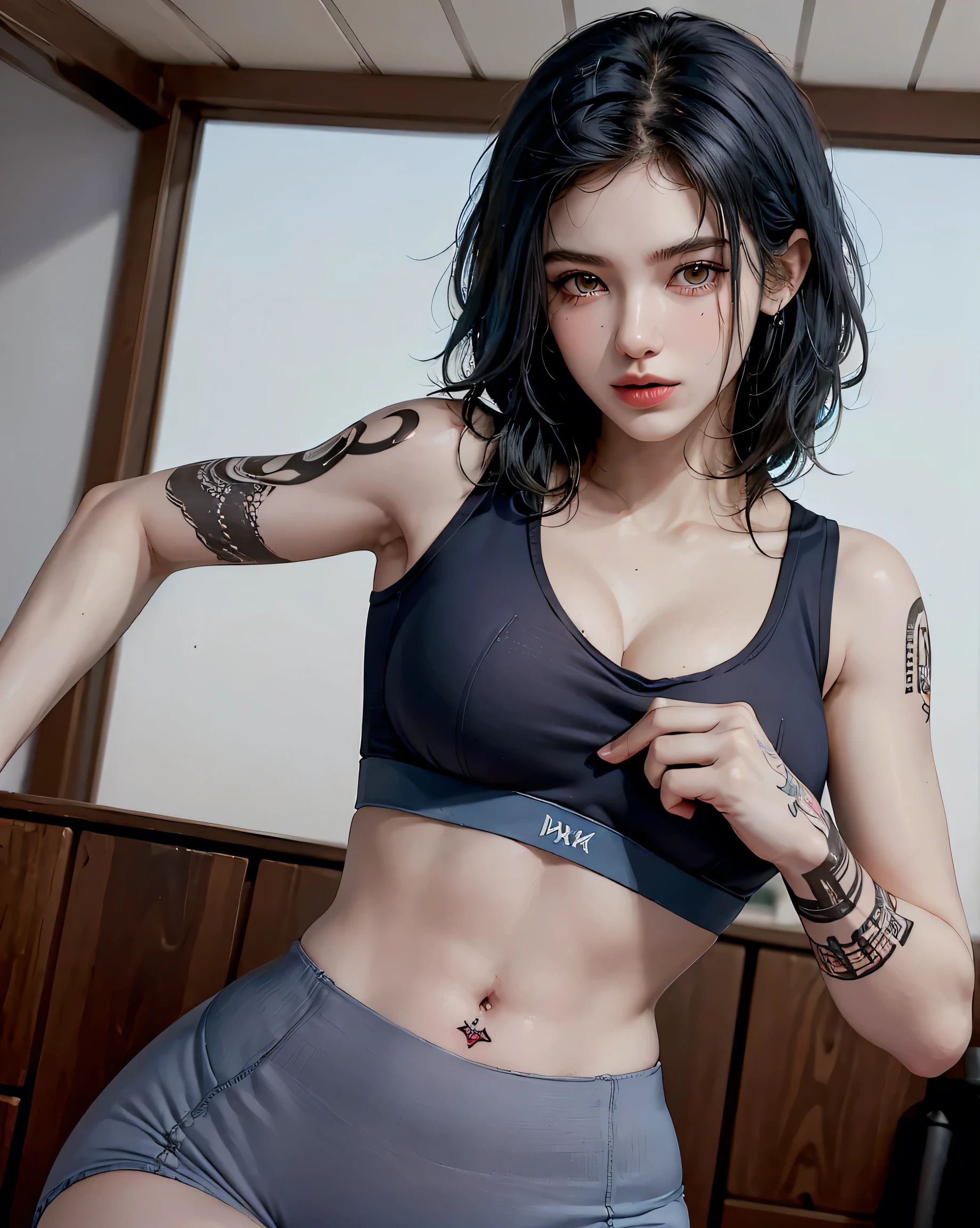 Perfect Style, Beautiful Face, Highly detailed face and skin texture, (Maximum resolution: 1.2), 1 female, alone, Hip Up, jewelry, (((He has many tattoos all over his body)), Blue Hair, (((sports bra underwear))), , (((Tight waist))), ((Big Breasts))