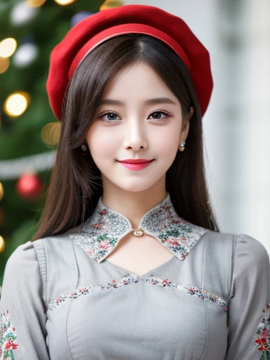 A girl,Solitary,masterpiece,best quality,high resolution,Extremely detailed face,Extreme details and exquisite eyes,(Face alignment),Fair complexion,Exquisite hairstyle,Light lips,Charming smile.Strong sense of detail and layering,color浓艳,Has a unique texture, color丰富, color, Lifelike ,design,16K,Super detailed, Abstract Art,Wearing a light gray dress, Printed with flower bouquet and red and dark grey ribbon, Accessorize with a red belt and a hat decorated with small flowers,Create a festive winter atmosphere. Her hair was done up in a beautiful and delicate style.
